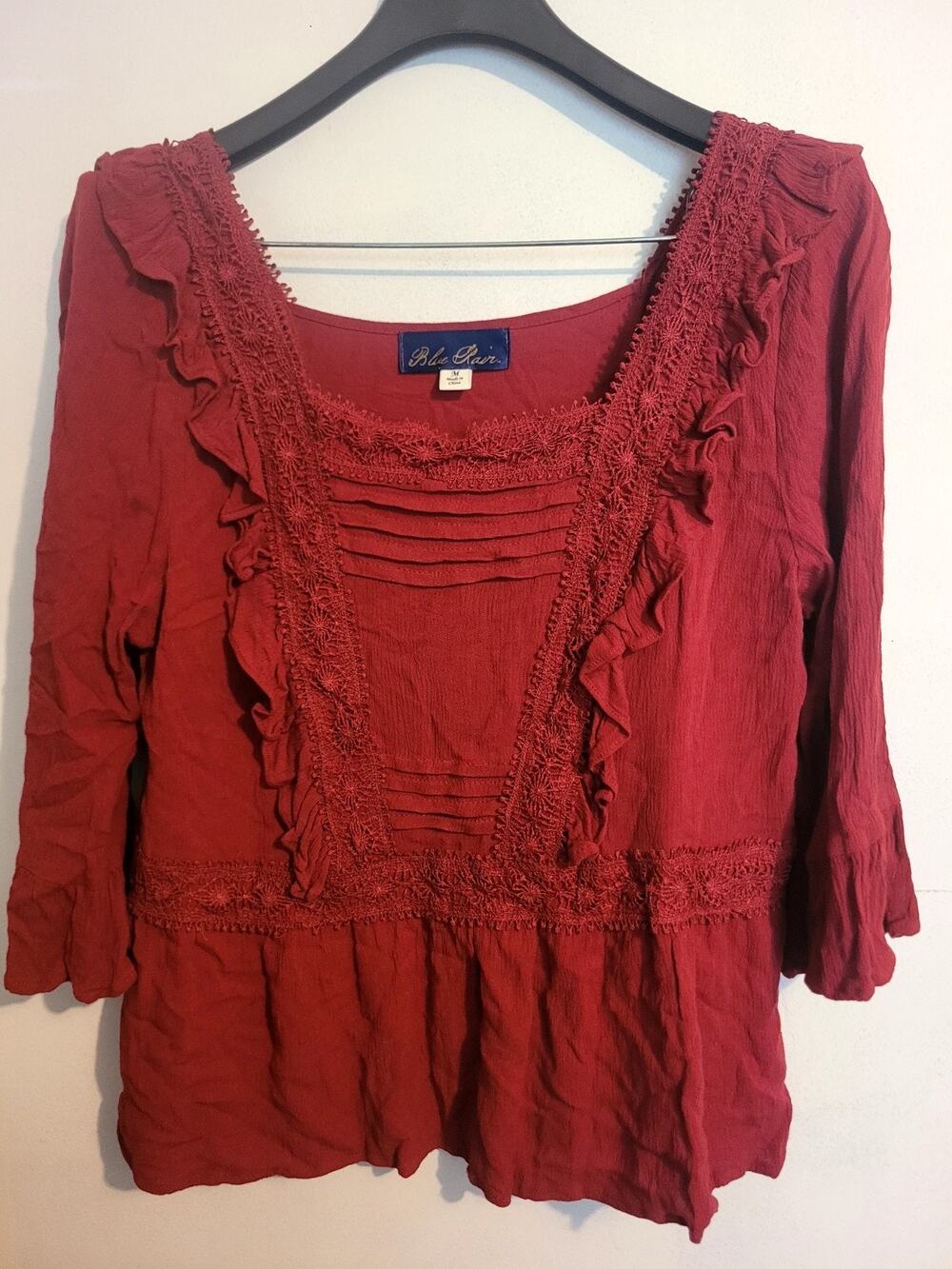 Women's Red Bohemian Peasant Top Ruffle Crochet Lace Detail Cottagecore Chic- M